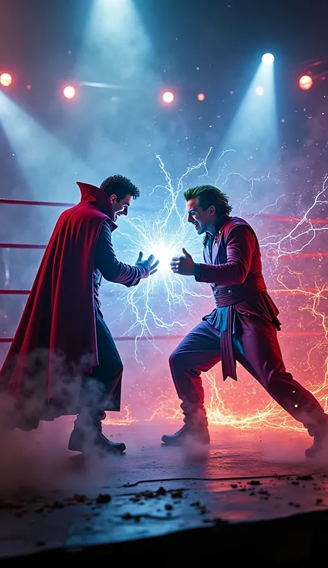 "A dynamic cinematic scene set inside an electrifying wrestling ring, where Doctor Strange and the Joker engage in an epic battle. Doctor Strange, cloaked in his mystical attire with swirling magical energies, unleashes powerful spells, while the Joker, wi...