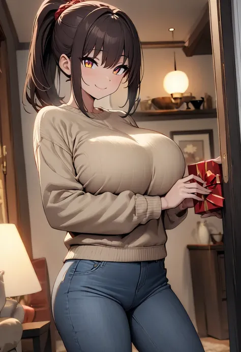 (  A masterpiece on the doorstep of the house  ,    top quality :1.2), ((( one anime girl))) , ((( alone))),    expressive eyes ,   sexy,   girl in sweater and jeans holding two presents, ((( Dark Hair with Ponytail ))). (((   straight hair ))), (smile), (...