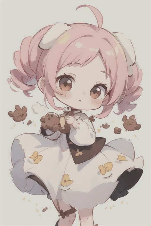  CUTE DESIGN ,  The most beautiful girl I've ever seen 、 chibi, deformed　 plain background　 1 girl, drill twin tail,  light pink hair　Droopy white dog ears ,  chibiキャラ　The vertical roll floats fluffy　cute white and brown dress　Put a brown ribbon on your ha...