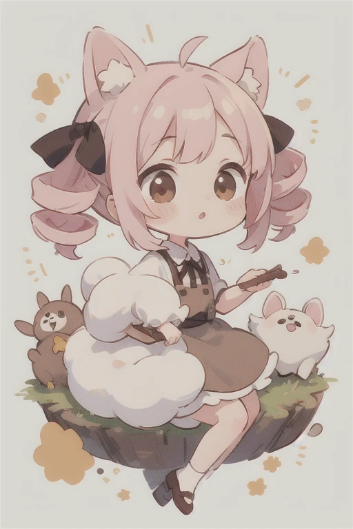  CUTE DESIGN ,  The most beautiful girl I've ever seen 、 chibi, deformed　 plain background　 1 girl, drill twin tail,  light pink hair　Droopy white dog ears ,  chibiキャラ　The vertical roll floats fluffy　cute white and brown dress　Put a brown ribbon on your ha...