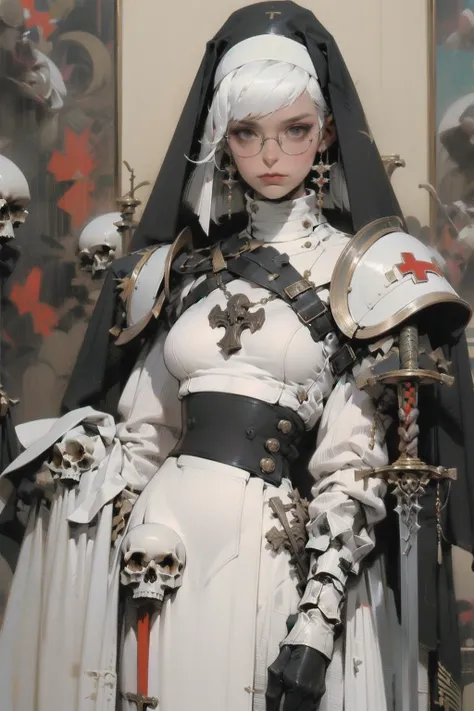     ladies 1,    High Definition Art   , Girl in armor,   big breast:1.2,    sword and shield  , Big Breasts, a nun with a black veil   ,  armor,   full body, glasses,   Black Veiled Nun with Sword and Shield , 