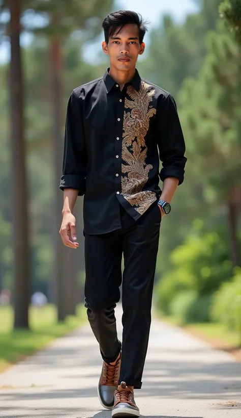 full size photo A 29 year old man with a tan skin tone and straight hair styled with a side parting. wearing a Black long-sleeved batik shirt with a beautiful motif with Javanese Indonesian buttons, wearing black trousers, a pencil model made of smooth mat...