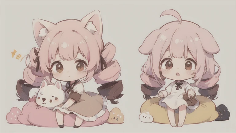  CUTE DESIGN ,  The most beautiful girl I've ever seen 、 chibi, deformed　 plain background　 1 girl, drill twin tail,  light pink hair　Droopy white dog ears ,  chibiキャラ　The vertical roll floats fluffy　cute white and brown dress　Put a brown ribbon on your ha...