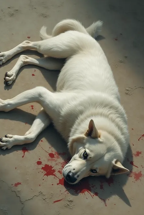 White dog fell on ground in wounded form on the ground 