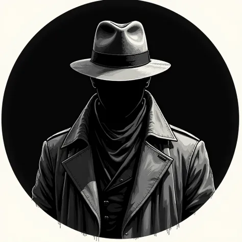 A mysterious figure in a noir-style illustration, wearing a fedora hat and a trench coat, with no visible face. The background is a solid black circle, emphasizing the anonymity and detective aesthetic. The image has a high-contrast, black-and-white engrav...