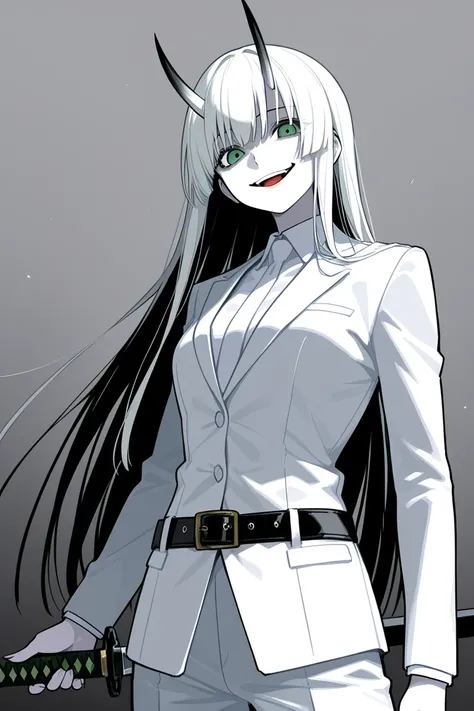 girl.  black straight hair.  green eyes.  very pale white skin . There are white straight horns on the head. Dressed in a white suit. Black katana on the belt. Crazy smile 