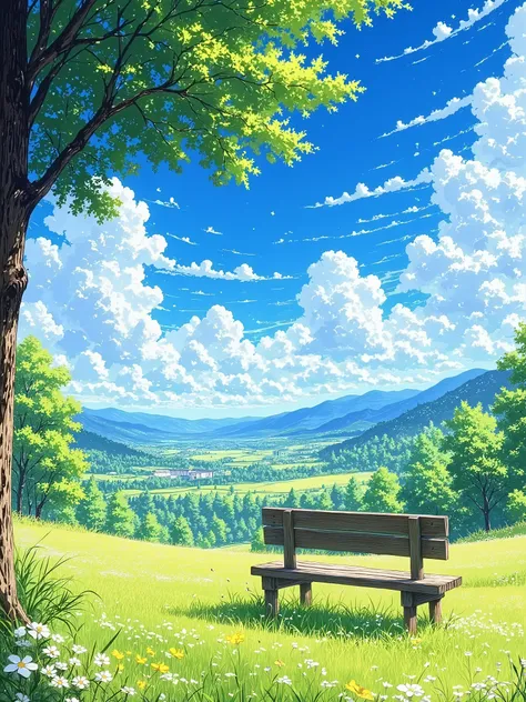 Ultra High resolution and high detailed of a picturesque landscape, likely digital art or animation style. A wide, grassy valley stretches into the distance, framed by rolling hills covered in lush, vibrant green trees. The sky is a vibrant blue, dotted ...