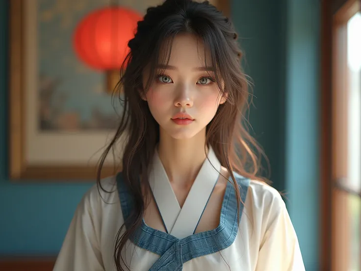  old 5d and 3d girl,  grey-blue eyes, brown hair slightly longer than the shoulders, but shorter than the belt,  in a 21st century Korean-style dress, Ukrainian appearance, full-length or waist-length