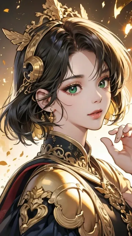  Detailed Details、 pretty face、whole body、 girl、 Gold、 green eyes、 short hair、Magic Warrior、 fantasy world、HDR