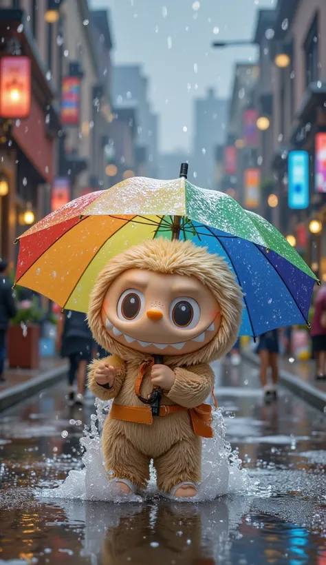 Labubu holds a colorful umbrella while standing in the rain. The raindrops bounce off the umbrella's surface. Labubu tilts its head up, smiling, as water splashes around its feet. The background is a wet and lively street.