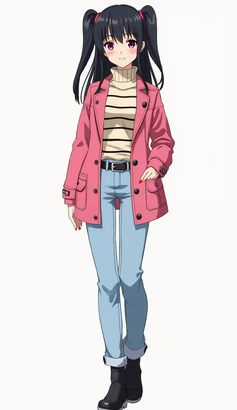 Japanese anime adolescent woman with long straight black hair with two pigtails and short locks and intense magenta eyes and red nails and wears a pink jacket-style coat with large buttons and front pockets with flaps. Below,  she wears a cream-colored tur...