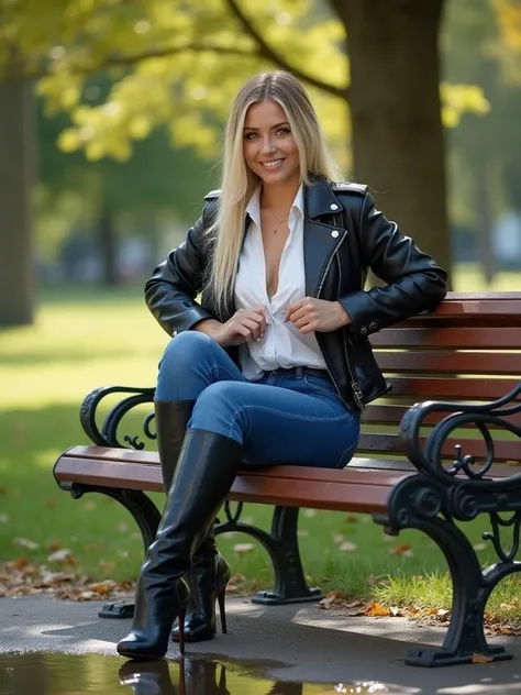 Woman in high-heeled black leather boots with stiletto heels that are under the pants, tight blue skinny jeans, white fabric blouse and huge big breasts,  opens the blouse with your hands,  Leather jacket sitting on a park bench in the park with legs rolle...