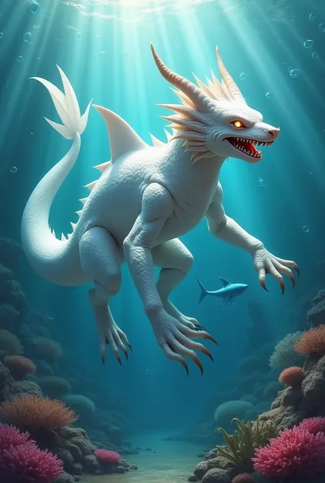 /imagine prompt: A striking depiction of a fusion between a majestic white five-clawed Chinese dragon and a powerful shark. This unique creature features the elongated, serpentine body of the dragon, covered in shimmering white scales, with the muscular bu...