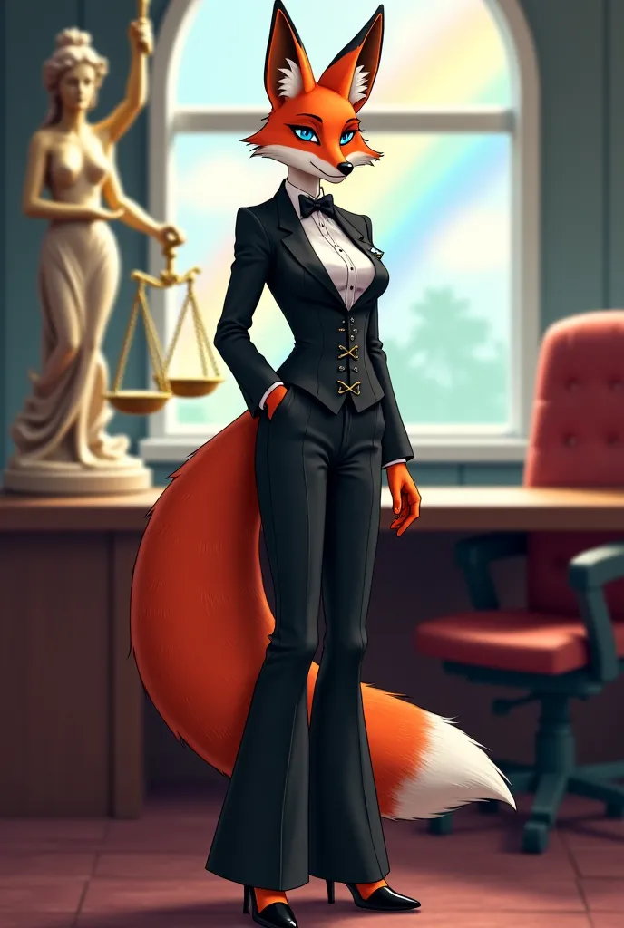 Please generate an image illustrating a fox as a prosecutor in an office. The office contains the statue of the Goddess of Justice, and a clear rainbow is visible through the window.
The prosecutor's characteristics: dressed in a black suit with flared pan...