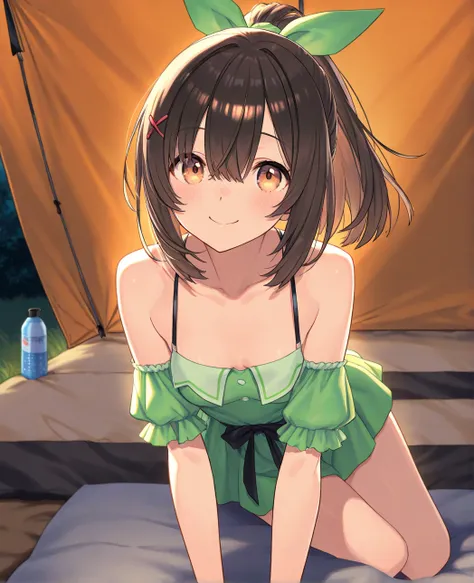 very awa, masterpiece, best quality, newest,  highres, aburdres、 fantasy world、 smart falcon 、 glossy black hair、 1 、 very small breasts、 thin body、 Read more、 brown hair、 ponytail、Riverside、 campsite、tent、Green costume、 sounds fun、smile