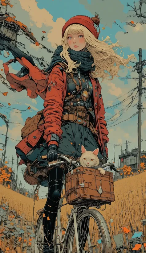Anatomically Correct , My Journey with a Cat , Beautiful full body girl , riding a bicycle with a basket and a cat inside the basket:1.5, ((Manga style:1.51)), Linear , she is half profile , warm clothing, long black boots, it's cold he wears a sc...