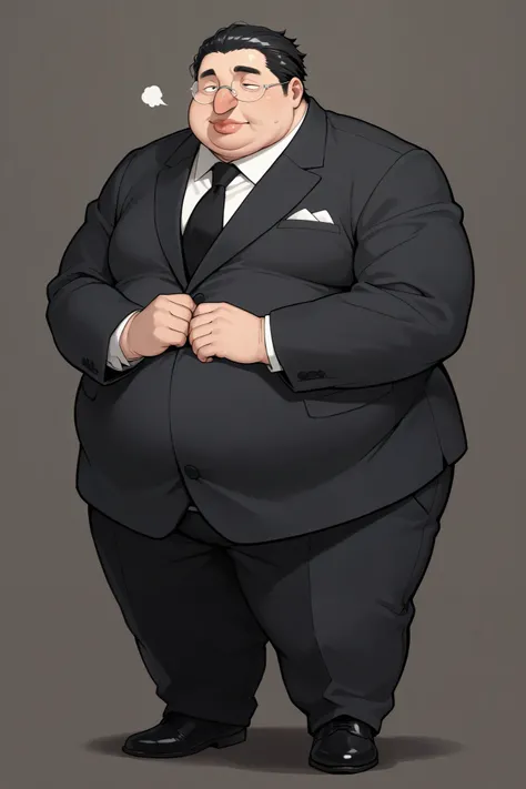 obese fat man,solo ,rimless glasses,black slicked back hair,chubby face,japanese ,narrow eyes, thick lips,long nose,suit,full body