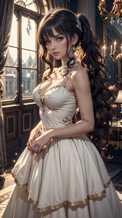   Dramatic Composition, Court dress, royal, nice, Cascading Ruffles, Raffle, bow, Crystal chandelier,  Roman curl hairstyle , Place,  drills,  camera, bangs,   maximalism , Palace-like background, Delicate depiction of hair and eyes,  Princess Dress, nice ...