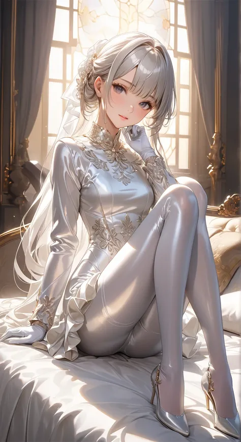  full body photo、 portrait 、god々Shining light、( masterpiece, top quality,  ultra high resolution ),Extremely detailed CG, Japanese woman,(( beautiful face)),(( long sleeve long sleeve dress made of shiny white silk satin))、((The dress has a simple design w...