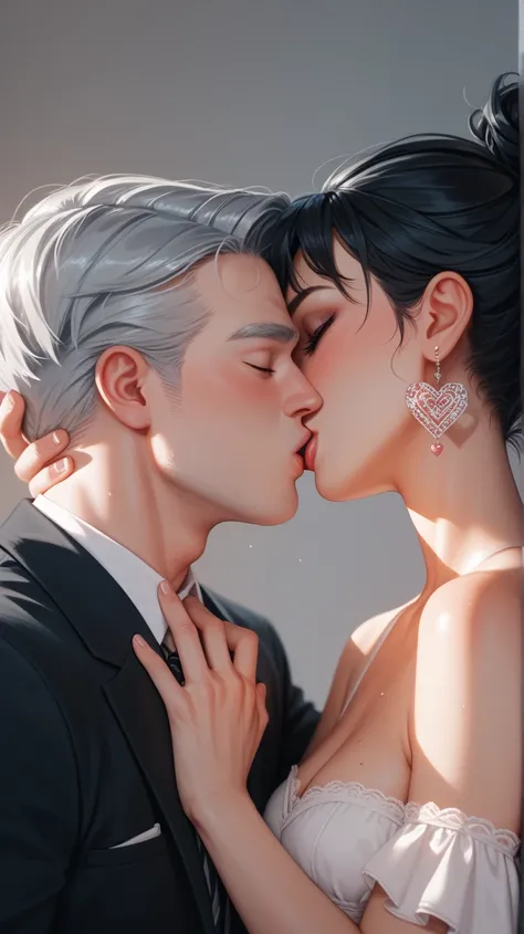 Casal Valentines Day ((  Man and Woman )), ((  short woman long black hair)), (( silver-haired man  ))  kissing,  high resolution,  perfect lighting.