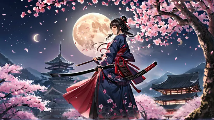  Fantastic、samurai、 female 1、night、moon、cherry blossoms