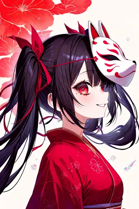  cute girl、 black hair twin tails、 hair is long、goldfish、Fox Mask、profile、Smiling、Redness around the eyes、 red kimono、 red ribbon、 moles under both eyes 