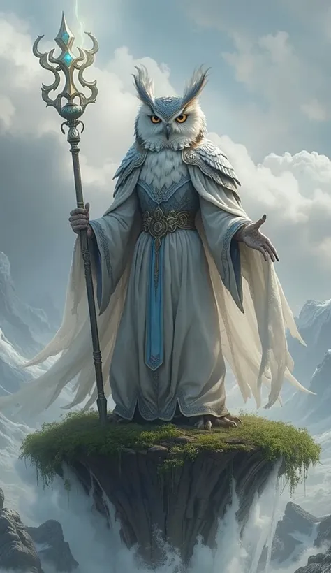 A wise owl warrior in flowing silver and white robes, holding a magical staff, standing on a floating island with strong winds swirling around.