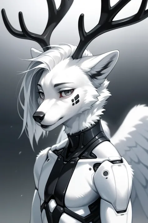 ((Furry)), ((cyborg: 1.1)), ((white wolf face: 1.2)), ((white face: 1.1)), ((angelic wings)), ((cyborg arms: 0.9) ) (((white arms: 1.3))), ((silver hair)), (long hair: 1.1), (shaved hair: 1.1), (disheveled hair), ((prosthetic neck) ), ((black neck) ), ((ch...