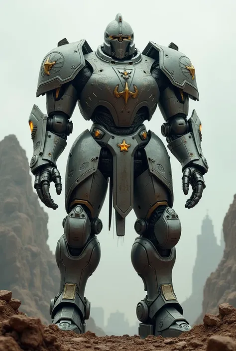 A giant robot in the form of medieval knight armor equipped with advanced weapons