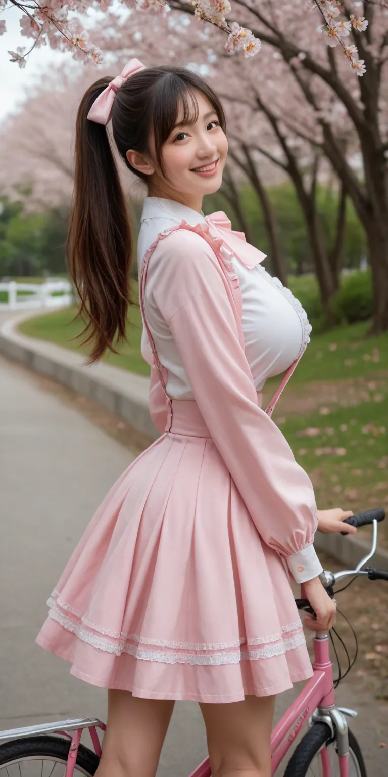 (highest quality),(((Photorealistic))), 8K, perfect composition,from side,(((1 japanese beautiful idol))),((ultimate gigantic saggy breasts)),((ultimate gigantic pointed breasts)),at the river side,riding a bicycle,((super real skin)), fair skin,Beautiful ...