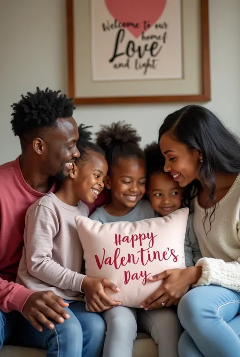 Picture of a Nigerian father, mother and three ren (two of the ren are twins) seating together in their sitting room, holding a throw pillow with inscription "Happy Valentine's Day, with a portrait having the inscription "Welcome to our home of Love and Li...