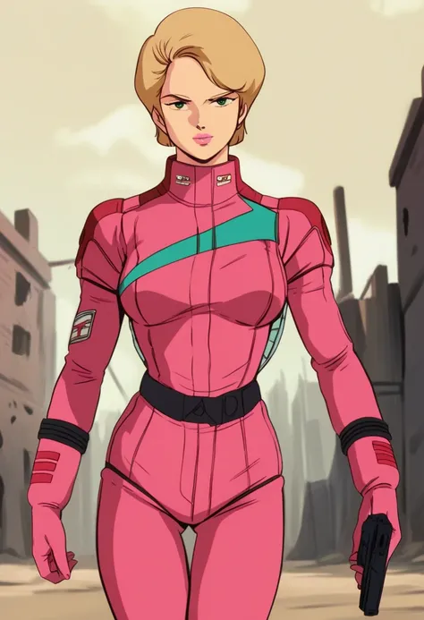 NSFW, score_9, score_8_up, score_7_up, score_6_up, LilaMillaRira, short blonde hair, green eyes, glossy pink lips, soft smiling, relaxed, wearing pink spacesuit, pink pilotsuit, pink gloves, well shaped medium breasts, well shaped hip, thigh gap, looking a...