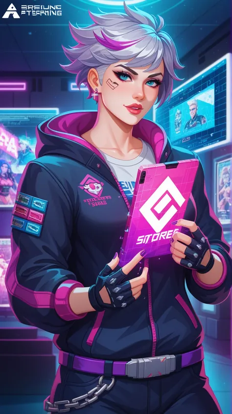 ((Masterpiece)), ((Ultra-detailed logo design)), ((8K resolution)), ((Esports branding style)), BREAK — A **dynamic logo featuring Luna, a rebellious street hacker**, captured in a **confident stance, holding a holographic tablet emitting neon data streams...