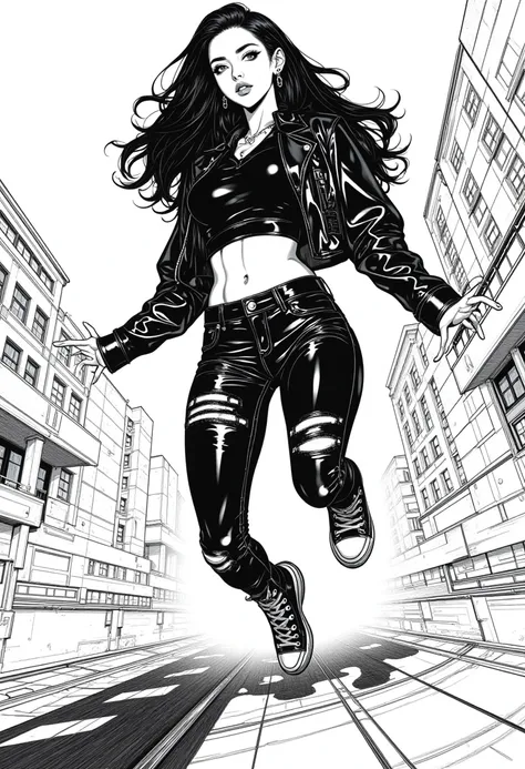 Black and white manga style, dynamic action pose (leaping/mid-motion), high-contrast shadows, intricate linework. 24-year-old woman (168cm/49kg) with sophisticated beauty and sensual charisma: flowing raven-black hair, toned athletic physique with perfect ...