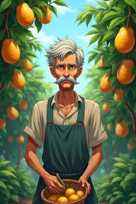 1 skinny 60 year old man with mustache picking passion fruit in anime 