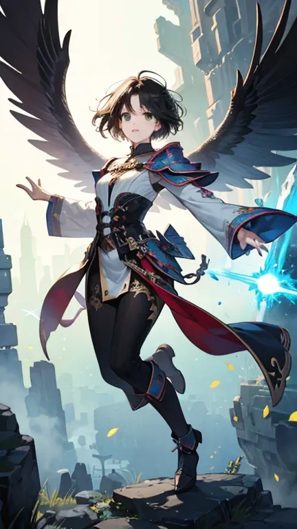 nardack,  girl、Magic Warrior、 full body、 black hair、 short hair、 green eyes、HDR,  Fantasy