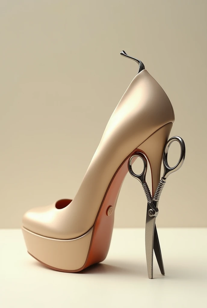 Beige stiletto high shoe with hairdressing scissors as a heel 