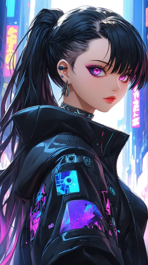 fille d'anime en tenue noire et violette futuriste debout devant une pleine lune, art cyberpunk par Yang J, tendance sur cg society, art gothique, anime cyberpunk moderne, anime cyberpunk, art cyberpunk animé, cyberpunk anime girl, Fille Cyberpunk Anime fé...