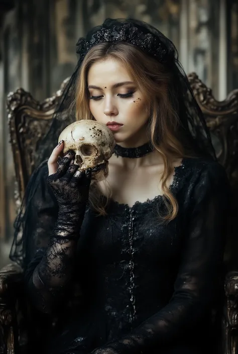 Love Beyond Time, High Quality, Gothic Horror, One Girl, Solo, Beautiful Woman, Queen of the Night, Dark Empress, Long Blond Hair, Long Eyelashes, Closed Eyes, Narrow Face, Mole Under Eye, Moist Lips, Slim Body, Medieval European Black Dress, High Neck, Ch...