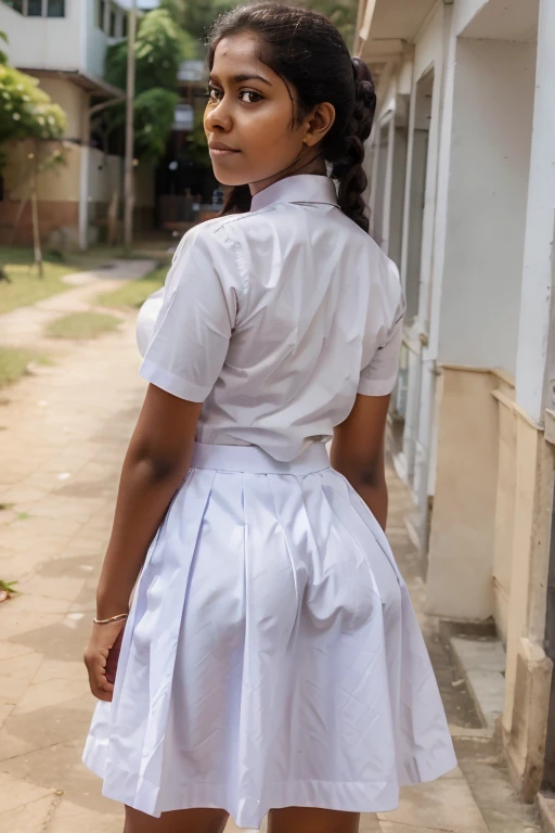 Photo of a 21 year old young faced  Srilankan school girl in school dress(white shirt and thight skirt),with big butt,correct posture,correct anatomy, correct perfect face,showing from behind 