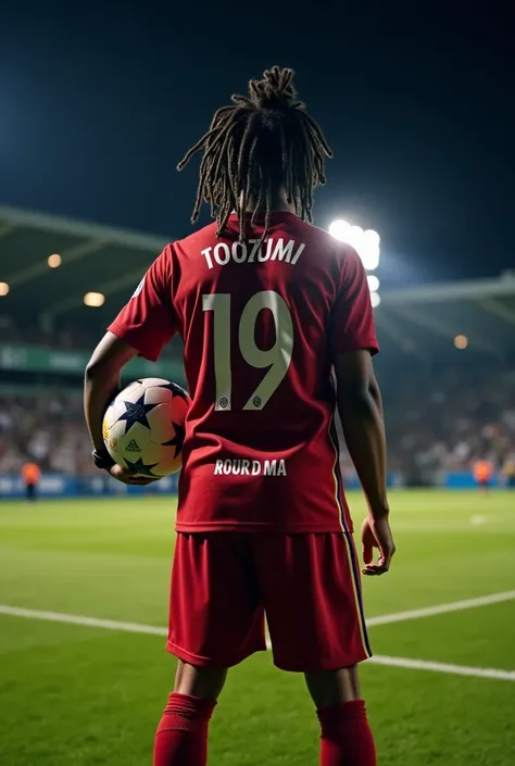 A 19 year old black soccer player with short dreads and a tan skin tone in his jersey on a football park he's alone in the stadium and he has a football ⚽  his dreads are short but fallen it's length is up to his jaws it's at night he's holding the footbal...