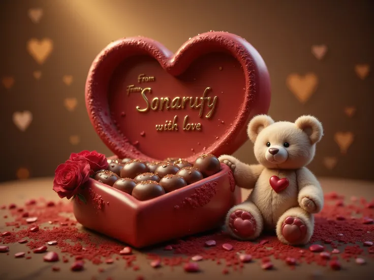 (best quality, 128k,highres,masterpiece:1.2),ultra-detailed,(realistic,photorealistic,photo-realistic:1.37), ((masterpiece)) ((photography)) ((Highest quality)) A luxurious big heart-shaped chocolate box, elegantly crafted with a deep red velvet texture an...