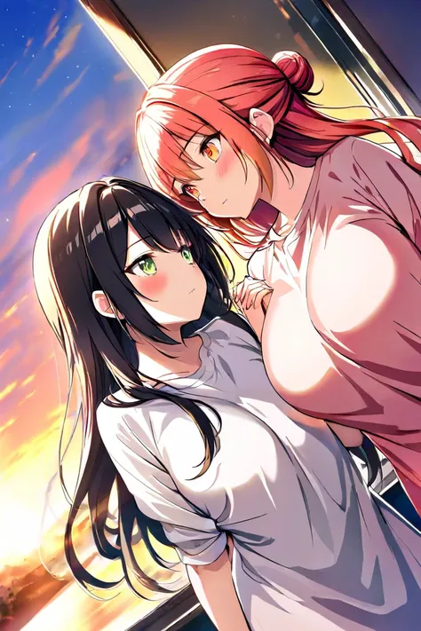  and stare at each other、Blushing、（Hair bun wrapped up to the shoulder、orange-pink hair、Big Breasts、 orange eyes、fine）、 high angle、（ black hair、 green eyes、 small tits、 long hair、Rin々Shii）、lily、 sunset sky、 hold hands、 Dutch Angle