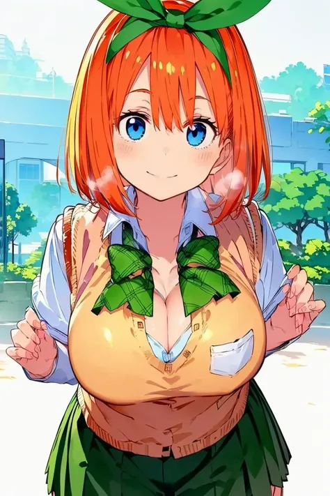 Nakano Yotsuba,( Masterpiece),( top quality),(ultra detailed),(  highres),2D, anime, (  Anime art), lineart , watercolor,loli,1 girl,smile,(orange hair),(cleavage:1.6), (mega breasts),(school uniform:1.6),(green ribbon),(hair ribbon)
