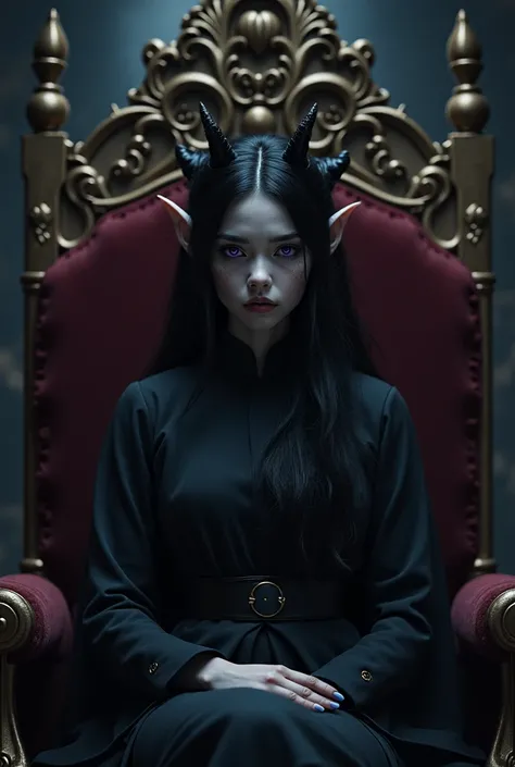 A twenty-year-old woman with a height of 1.69 meters, dark hair, and gray skin sits solemnly on an ornate throne. She has a single black horn protruding from her forehead and striking violet eyes that gaze wistfully into the distance. The throne room is di...