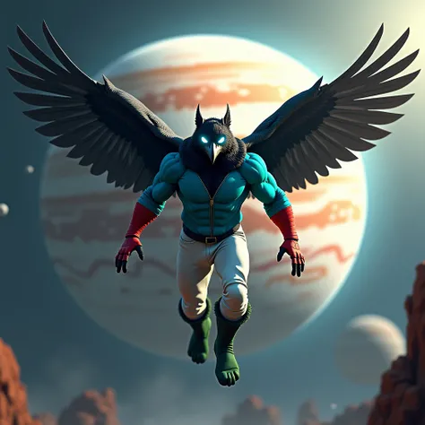  A black muscular winged raven furrm jock with white glowing eyes in green boots, in white pants, in a blue zippered sweater with long sleeves , wearing red gloves, he flies through space against the background of Jupiter 