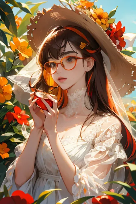  absurd,  high resolution,  ultra-detailed,  a girl in, apenas,  extremely detailed eye,  white wedding dress, sea cartridges ,  cartridges , , , lace hair accessories, joy,  looking at spectators ,  sunglasses ,  hat flower ,  hair clips, toys,  red flowe...