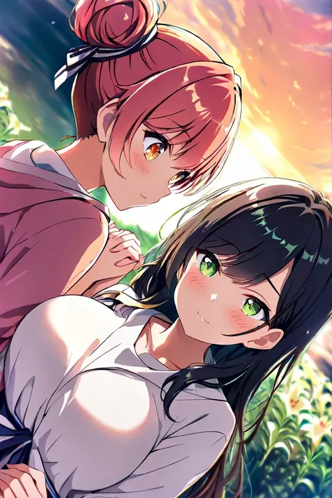  and stare at each other、Blushing、（Hair bun wrapped up to the shoulder、orange-pink hair、Big Breasts、 orange eyes、fine）、 high angle、（ black hair、 green eyes、 small tits、 long hair、Rin々Shii）、lily、 sunset sky、 hold hands、 high angle