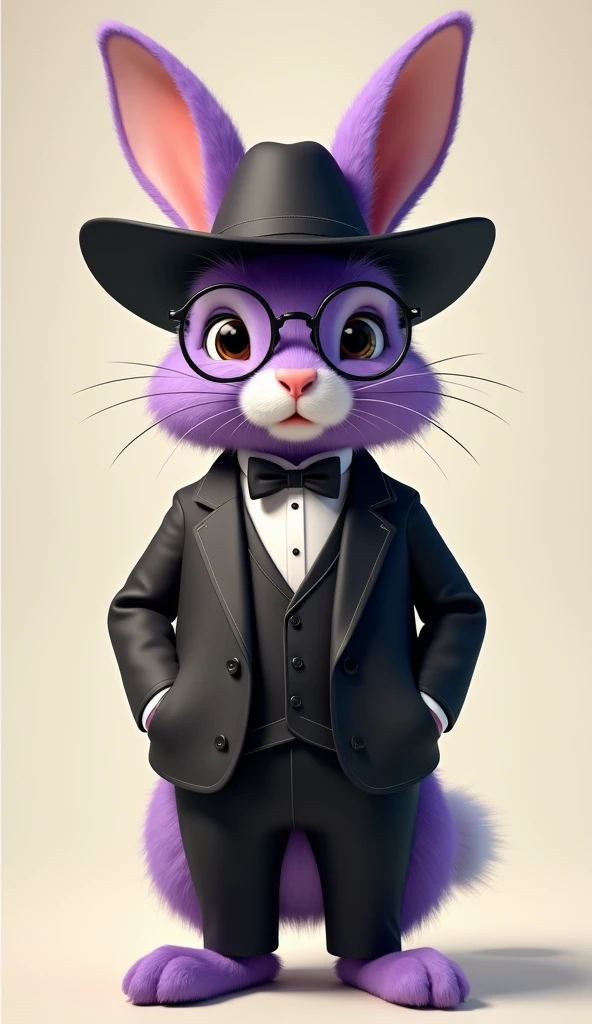 The purple rabbit wears glasses and a cowboy hat as well as a black suit