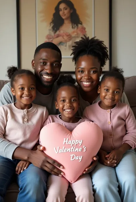 Picture of a Nigerian father, mother and three ren (two of the ren are twins) seating together in their sitting room, holding a throw pillow with inscription "Happy Valentine's Day, with a portrait on the wall having the inscription "Welcome to our home of...